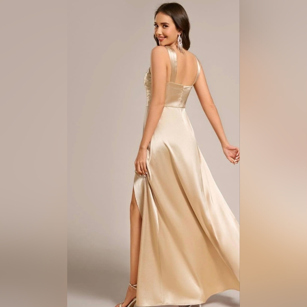 Champagne Satin Evening Dress W/Wide Straps Pleated Bodice, Side Slit - Picture 3 of 12